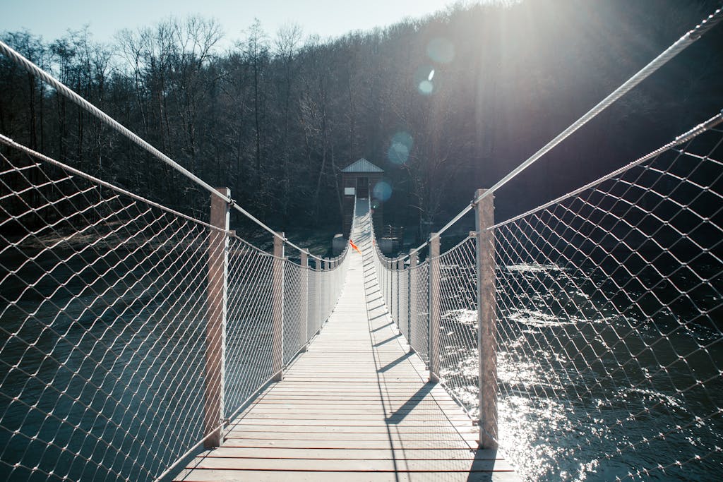 Wooden Hanging Bridge Over a River